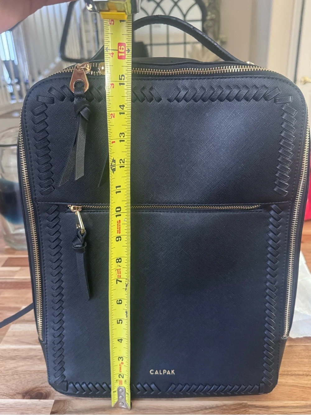 Calpak Black Structured Saffiano Backpack with Gold Hardware